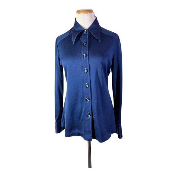 Vintage 1970s Tami Navy Blue Button-Up Shirt Collared Polyester - Picture 1 of 13